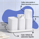 Kit Banheiro 3 Pecas Com Bandeja Dispenser Porta Algodão Porta Escovas E Porta Sabonete Liquido De 400 Ml Decoração