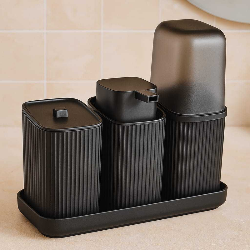 Kit Banheiro 3 Pecas Com Bandeja Dispenser Porta Algodão Porta Escovas E Porta Sabonete Liquido De 400 Ml Decoração